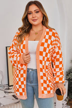 Orange Checkered Bubble Sleeve Drop Shoulder Open Cardigan