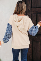 Checkered Patchwork Kangaroo Pocket Half Zipper Hoodie