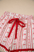 Red Sweet Floral Heart Bow Print Contrast Trim Long Sleeve Shirt Pyjama Short Set