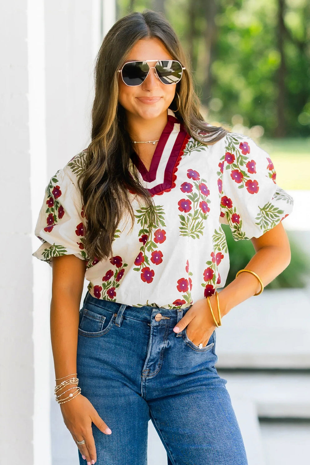 Floral Short Bubble Sleeve Contrast Slit Neckline Blouse