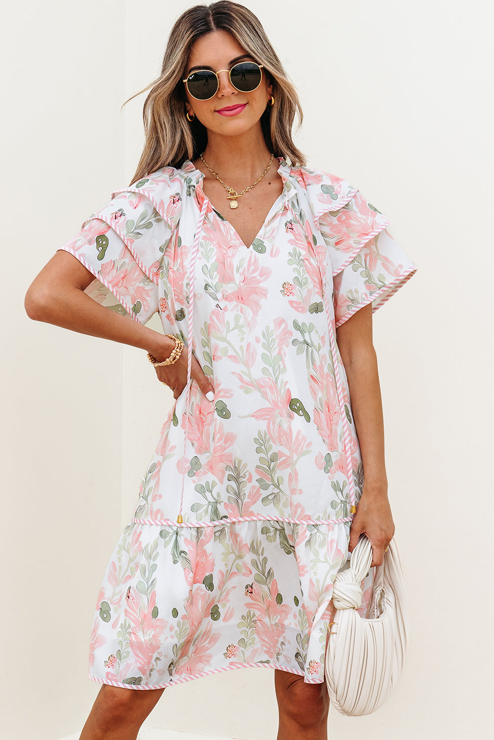 Sky Blue Floral Contrast Edge Layered Short Sleeve Mini Dress
