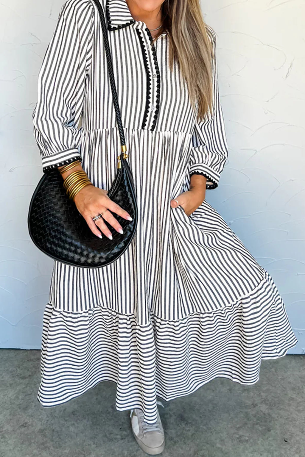 Black Stripe Scallop Trim Shirt Collar Half Button 3/4 Sleeve Long Dress