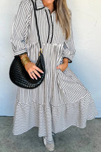 Black Stripe Scallop Trim Shirt Collar Half Button 3/4 Sleeve Long Dress