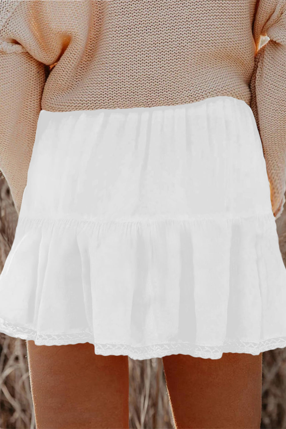 Plus Size Frilled Elastic Waist Lace Trim Boho Ruffled Shorts