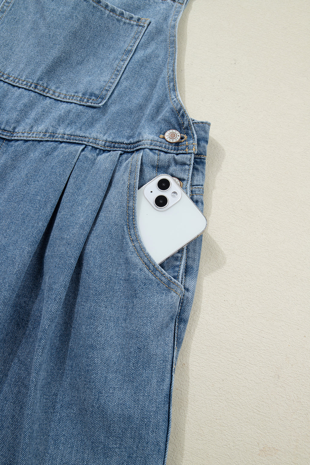 Dusk Blue Pleated Wide Leg Retro Pocketed Denim Jumpsuit