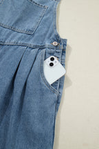 Dusk Blue Pleated Wide Leg Retro Pocketed Denim Jumpsuit