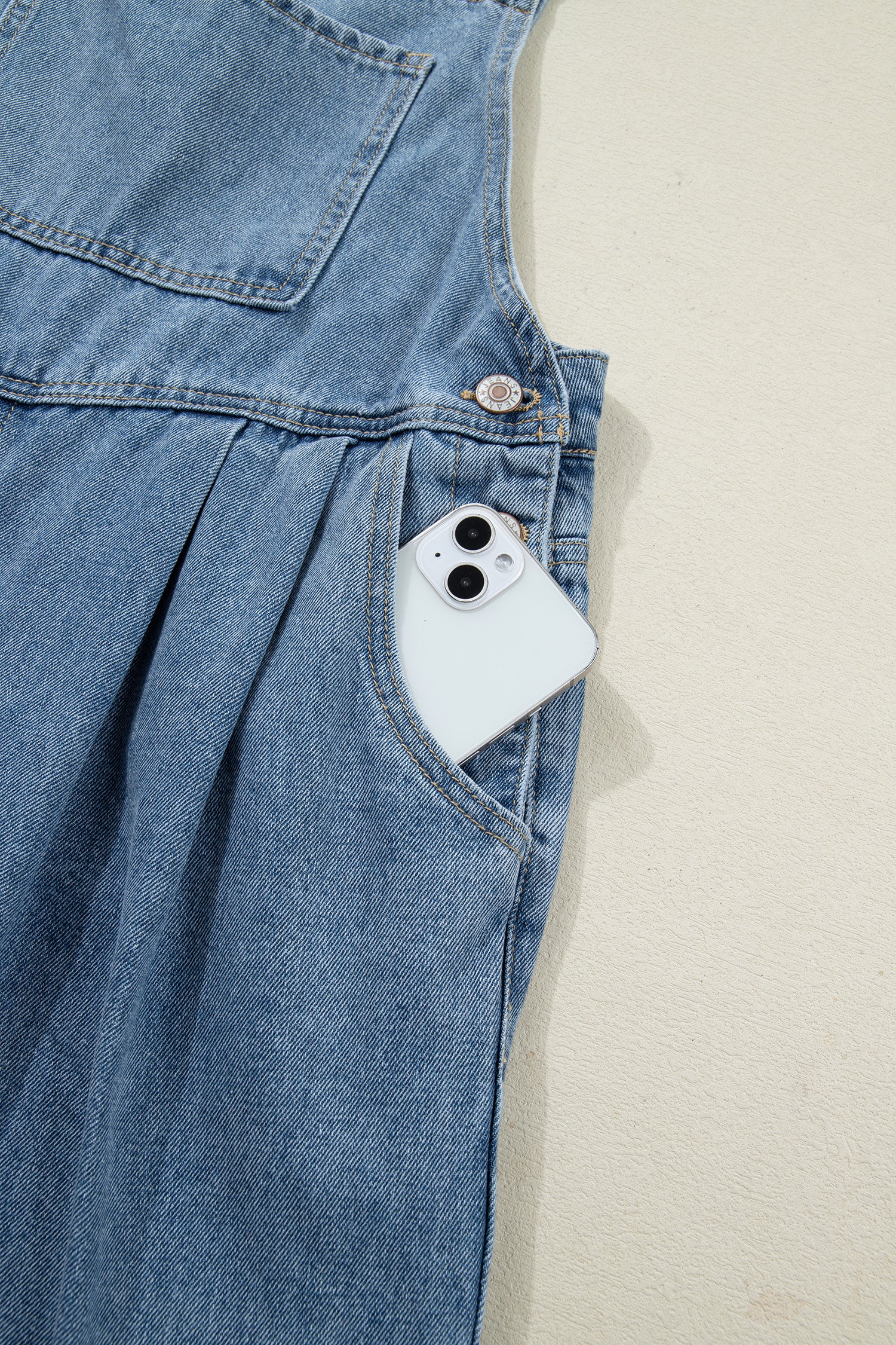 Dusk Blue Pleated Wide Leg Retro Pocketed Denim Jumpsuit