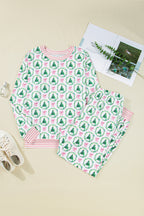 Green Bow Christmas Tree Print Contrast Striped Banding 2pcs Lounge Set
