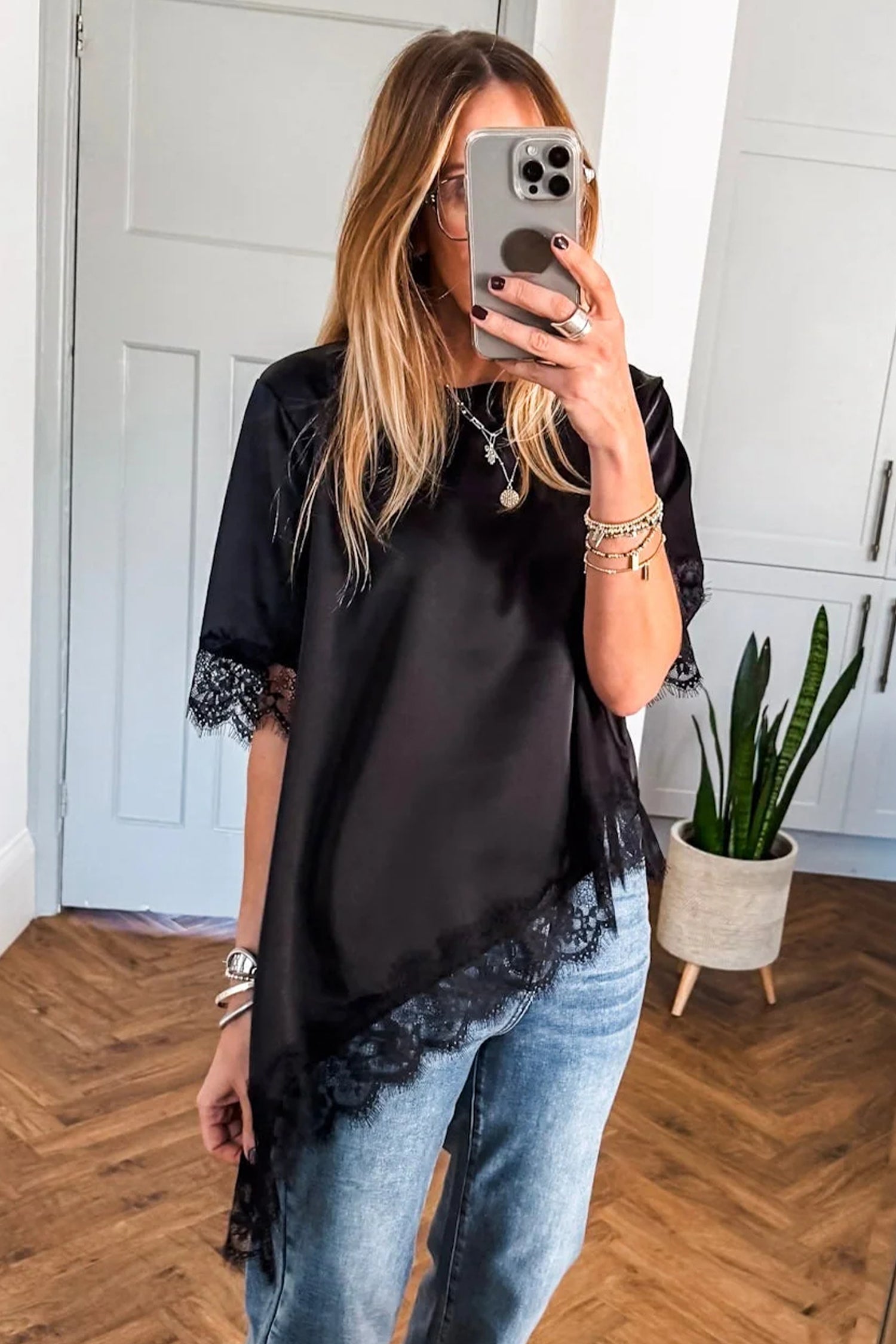 Black Asymmetric Lace Trim Short Sleeve Satin Top