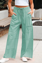 Mineral Wash Exposed Seam Drawstring Elastic Waistband Wide Leg Cargo Pants