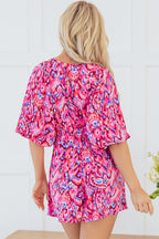 Abstract Print Puff Sleeve V Neck High Waist Romper