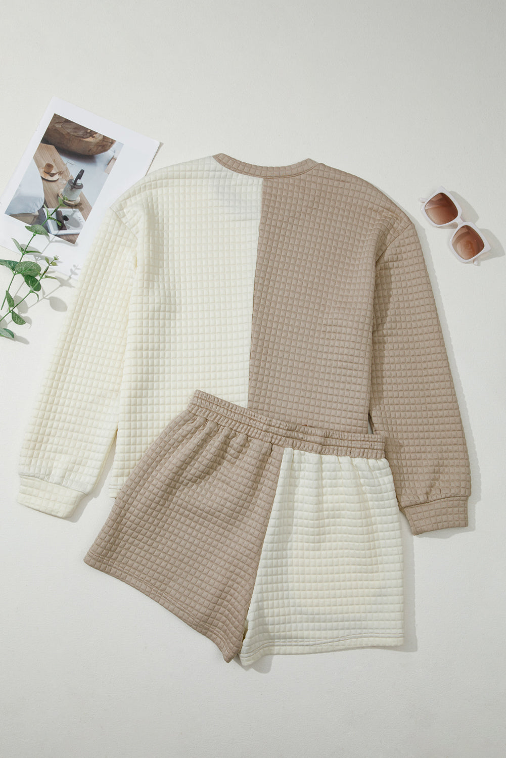 Khaki Color Block Patchwork Textured Long Sleeve Top 2pcs Short Set
