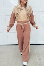 Khaki Color Block Long Sleeve Crop Top Drawstring Pant Set