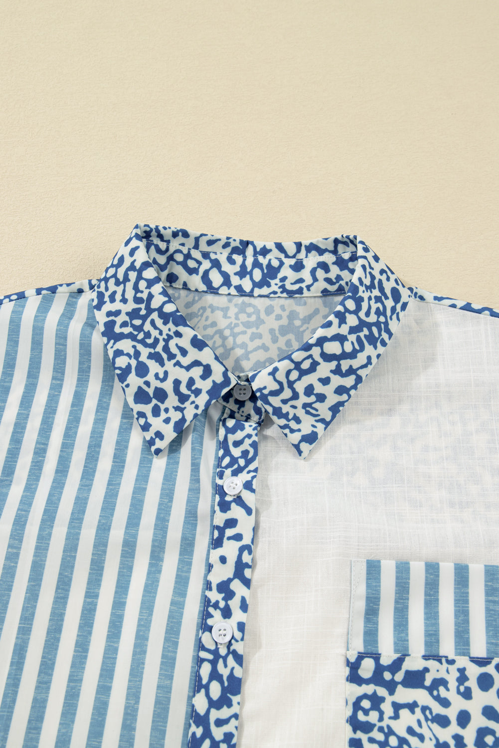Sky Blue Leopard Striped Patchwork Casual Plus Size Shirt