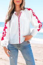 White Floral Embroidered Puff Long Sleeve Casual Shirt