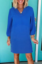 Sky Blue Frilled V Neck Bracelet Sleeve Shift Mini Dress