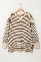 Khaki Stripe Textured Dolman Sleeve High Low Plus Size Top