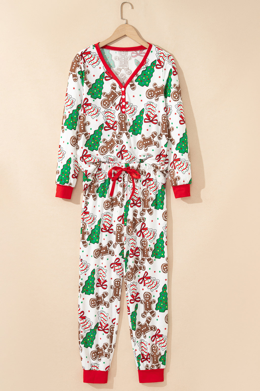 Christmas Pattern Button V Neck Pullover Drawstring Pants 2pcs Lounge Set