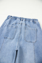 Beau Blue Drawstring Seam Detail Raw Hem Wide Leg Denim Pants