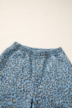 Blue Leopard Print Exposed Seam Detail Wide Leg Drawstring Jeans