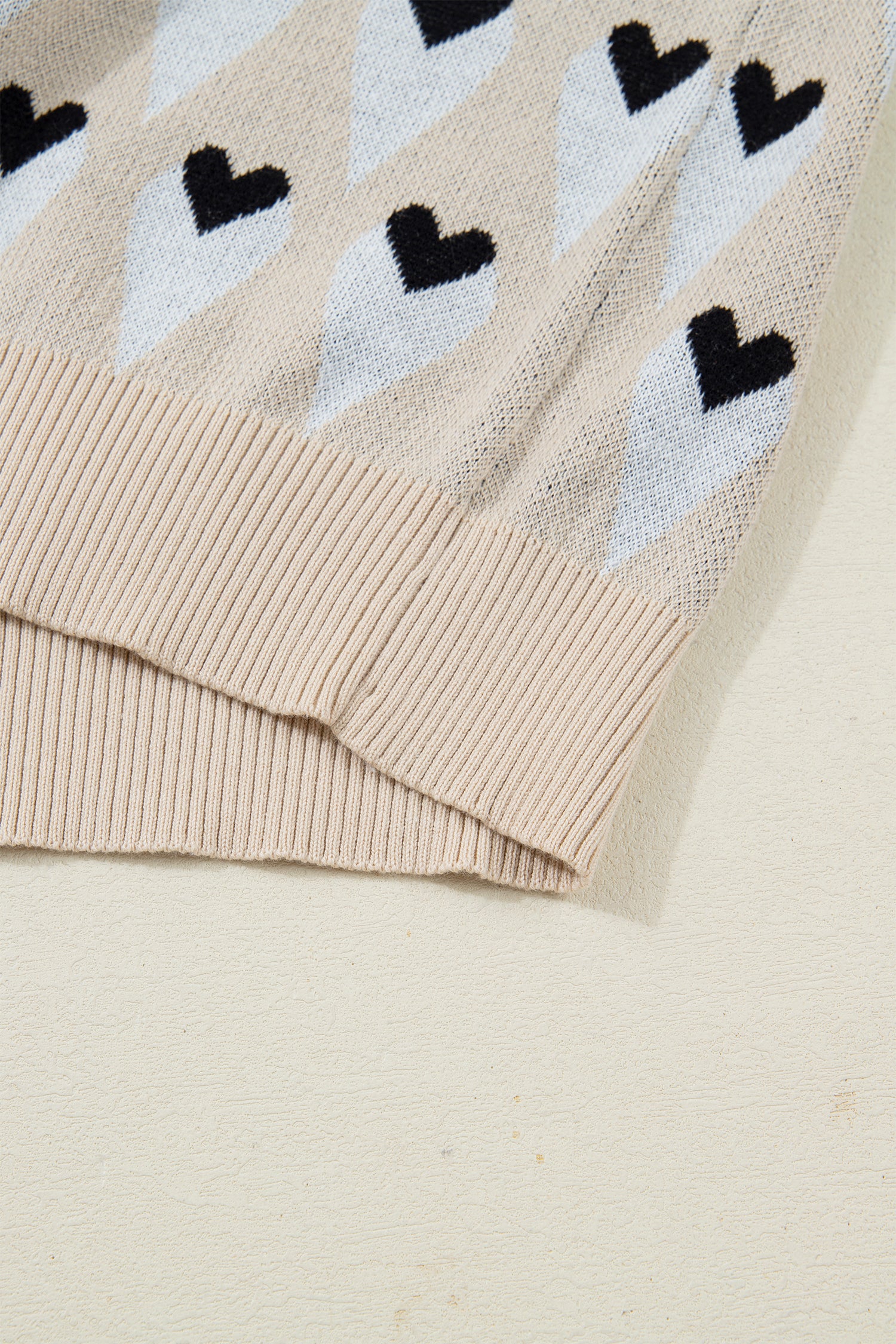 Parchment Geometric Heart Print Ribbed Trim Loose Sweater