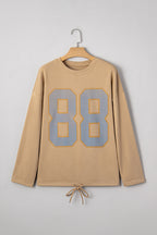 Khaki 88 Number Graphic Drawstring Hemline Oversize Long Sleeve Top