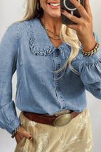 Beau Blue Ruffled Peter Pan Collar Western Denim Shirt