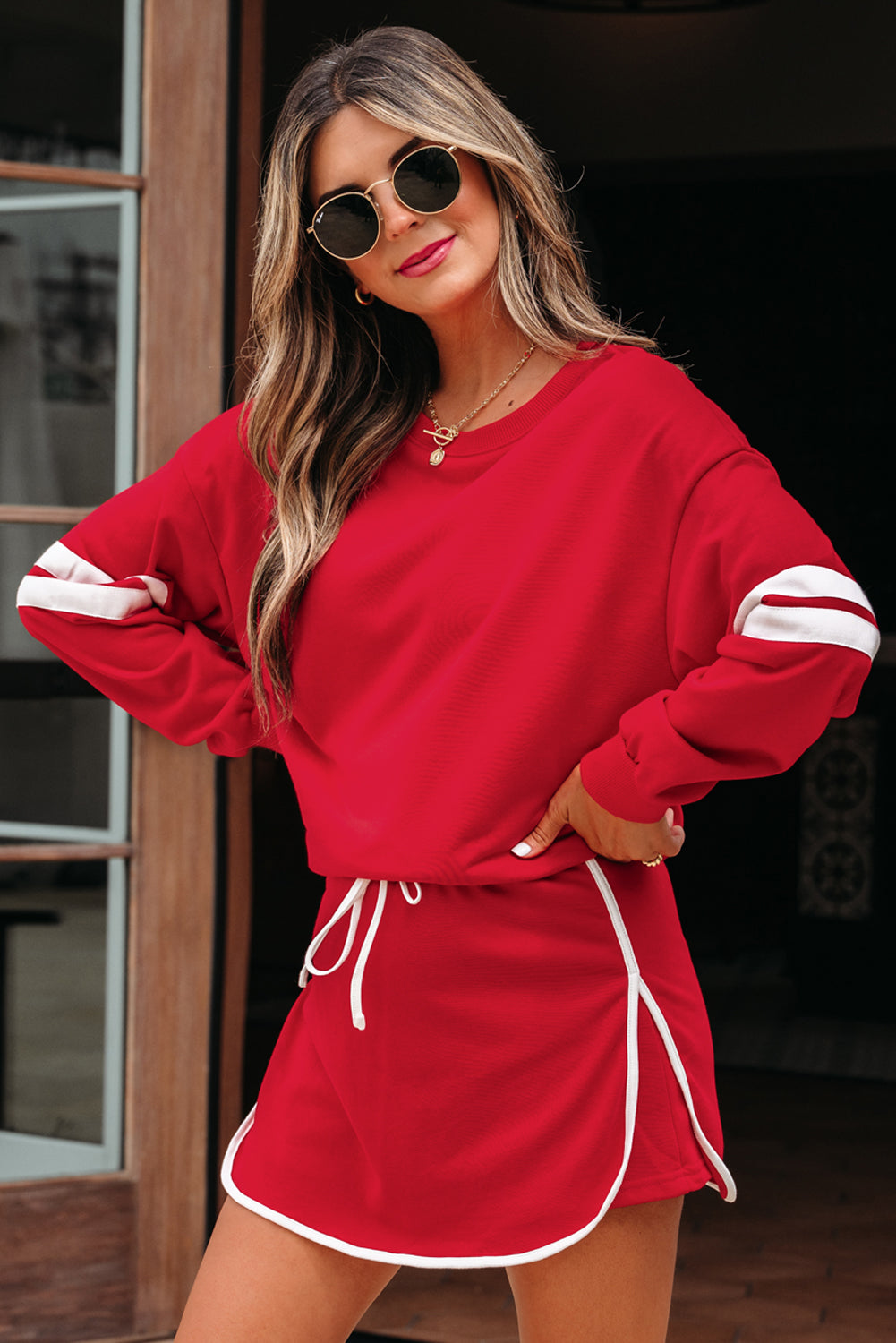 Navy Blue Varsity Stripe Detail Drop Shoulder Pullover Mini Skirt Set