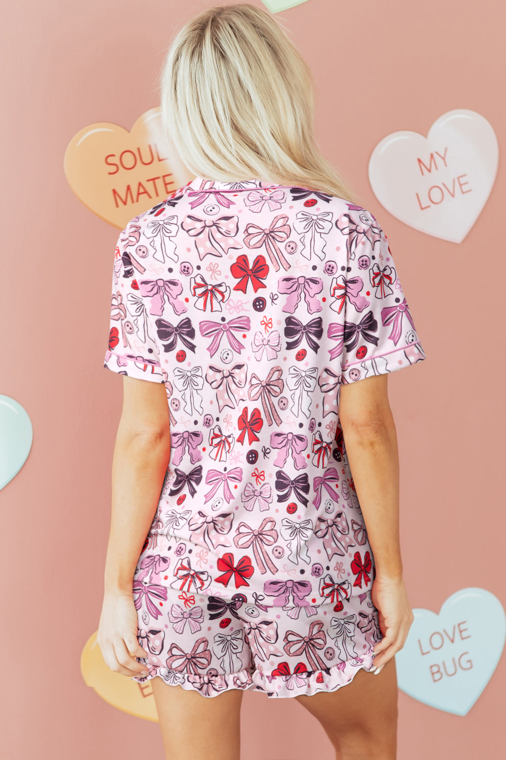 Pink Cute Ribbon Bows Printed 2pcs Short Pyjama Set