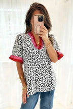 Gray Ruffled Trim V Neck Leopard Print Short Sleeve Blouse