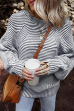 Coffee Striped Print Ribbed Knit Boat Neck Baggy Sweater