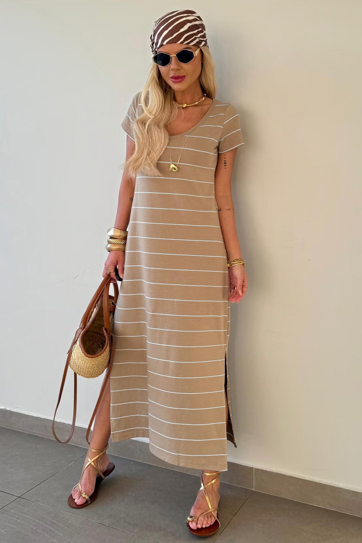 Khaki Stripe Casual Short Sleeve Side Slit Maxi T Shirt Dress