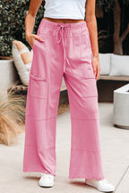 Mineral Wash Exposed Seam Drawstring Elastic Waistband Wide Leg Cargo Pants