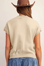 Parchment Corded Horseshoes Ribbed Trim Mock Neck Short Sleeve Sweater