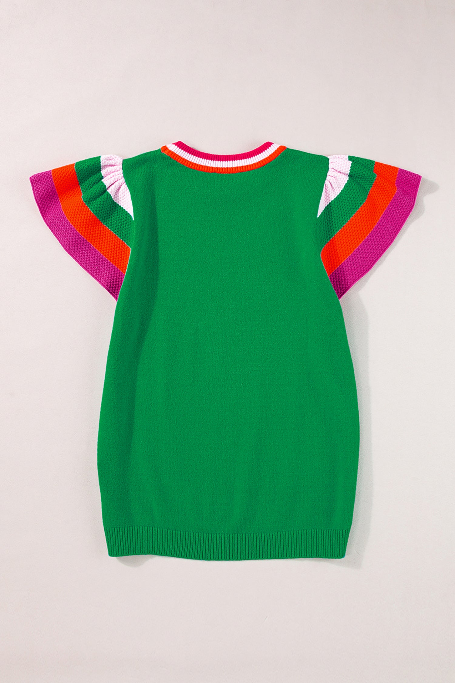 Bright Green Shiny Lucky Striped Flutter Sleeve Round Neck Sweater