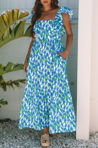 Floral Print Square Neck Ruffled Strap Maxi Dress