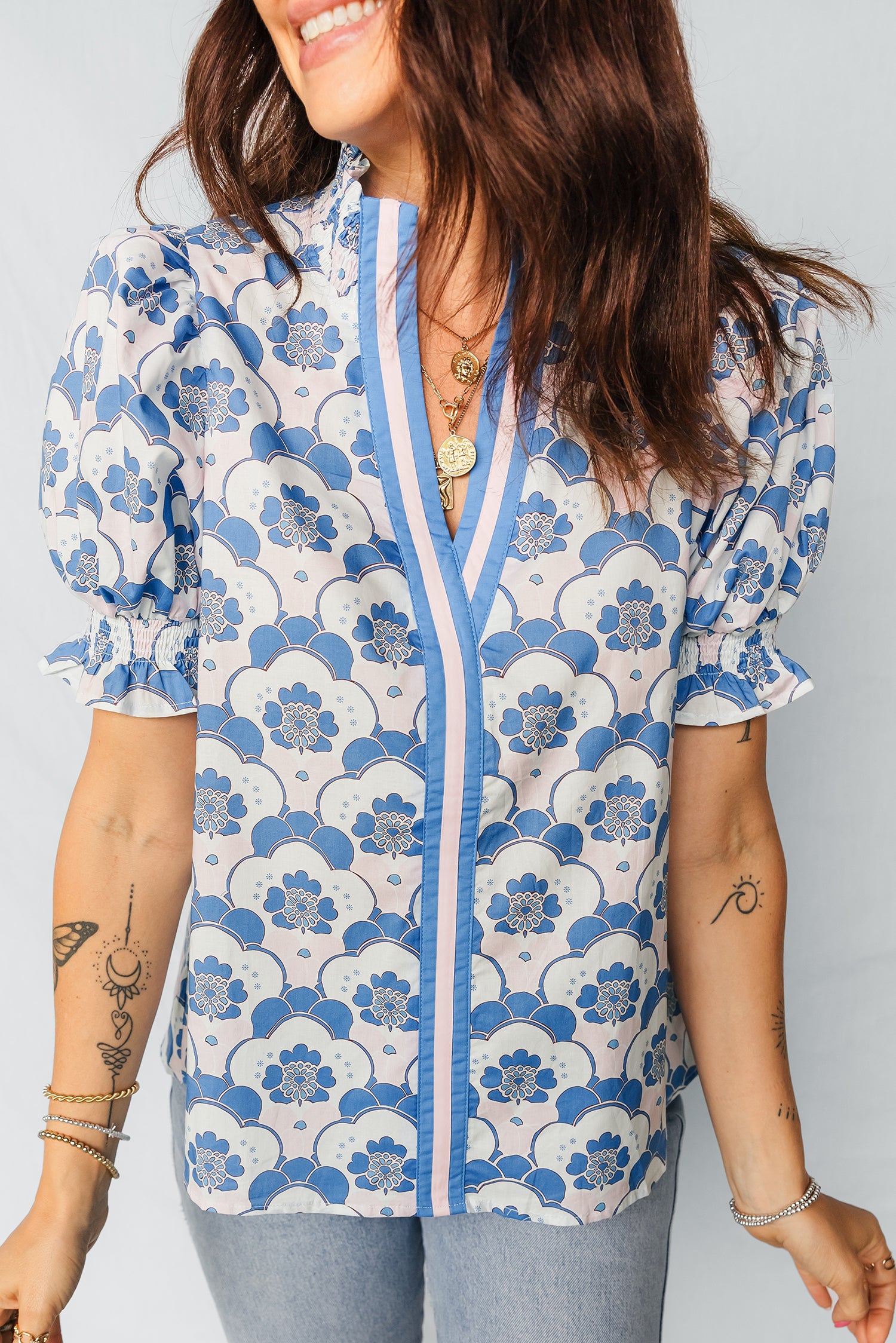 Sky Blue Floral Print Flounced Short Sleeve Contrast Trim V Neck Blouse