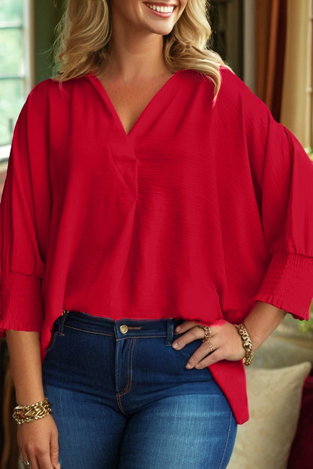 Fiery Red Plus Size Smocked Cuff Dolman Oversized Tunic Blouse