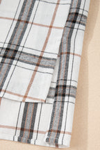 Red Plaid Print Collared V Neck Loose Blouse with Side Slits