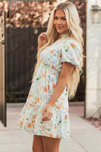 Beige Floral Print Shirred High Waist Puff Sleeve Mini Dress