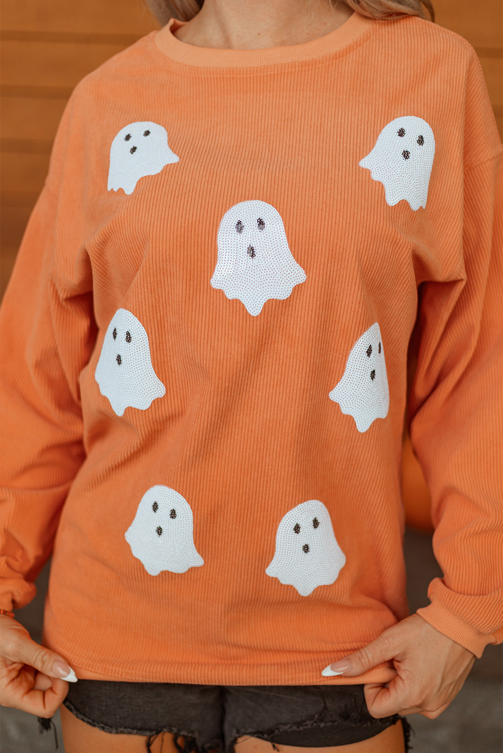 Orange Twisted Ribbed Texture Halloween Ghost Sequin Patched Sweatshirt