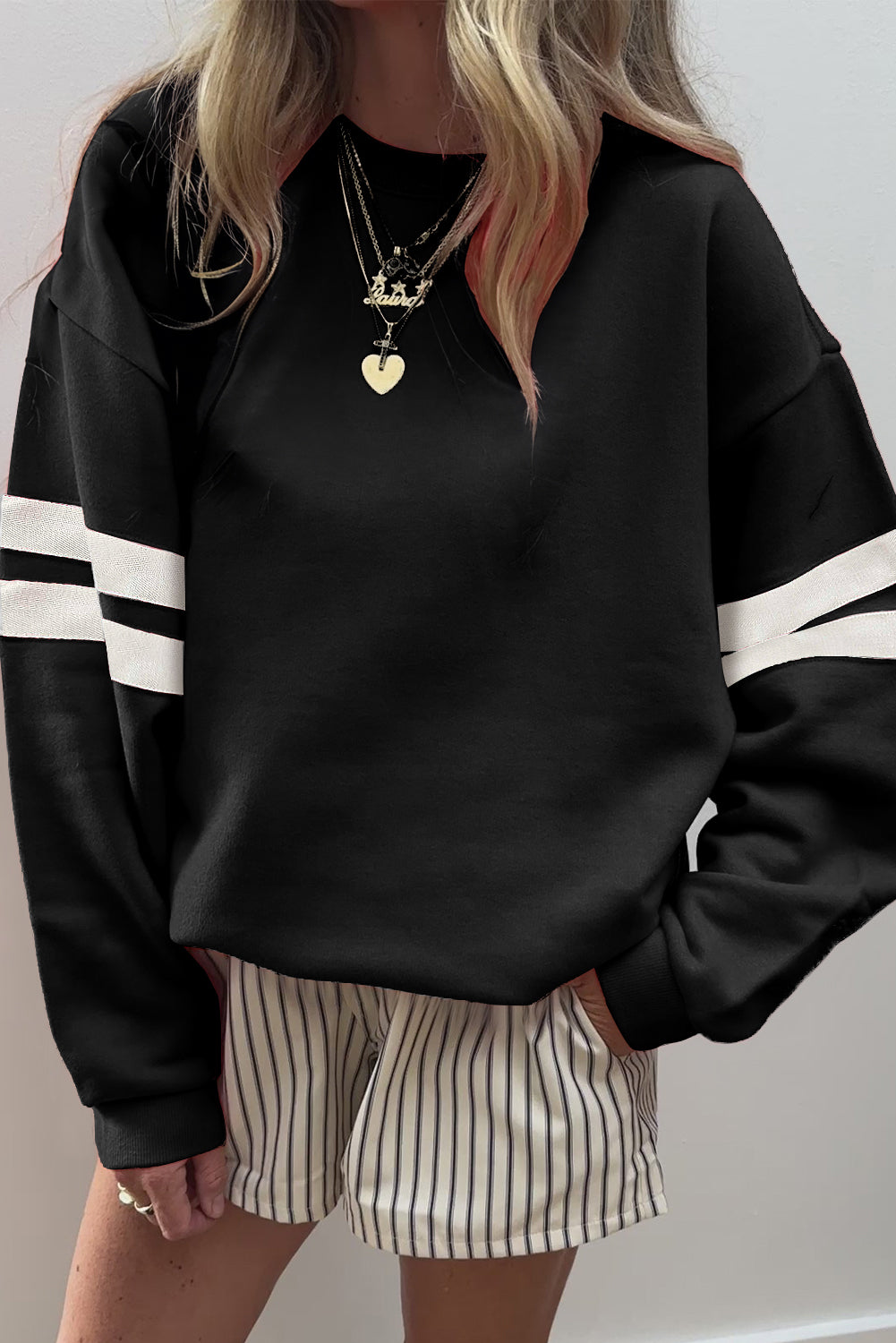 Tillandsia Purple Varsity Striped Detail Drop Shoulder Oversized Sweatshirt