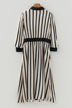 Black Stripe 3/4 Puff Sleeve Shirt Style Button Down Midi Dress