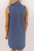 Sail Blue Rhombus Textured Collar Buttoned V Neck Denim Sleeveless Mini Dress