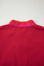 Fiery Red Striped Frilled Collar Ruffled Short Sleeve Blouse