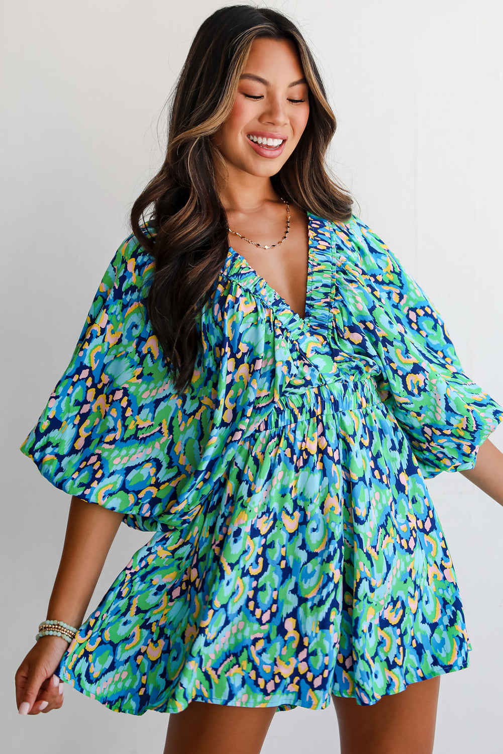 Abstract Print Puff Sleeve V Neck High Waist Romper