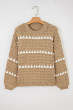 Pale Khaki Contrast Detail Textured Knit Puff Sleeve Baggy Sweater