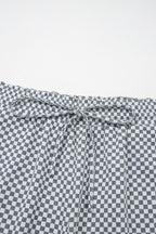 Grey Checkerboard Print Drawstring Elastic Waist Pocketed Shorts