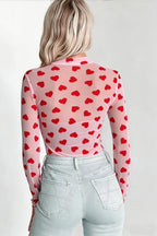 Pink Valentines Heart Printed Sheer Mesh Long Sleeve Top