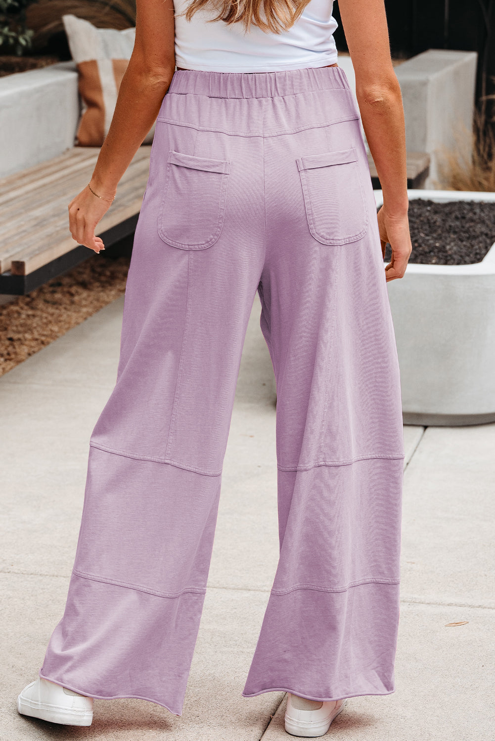 Mineral Wash Exposed Seam Drawstring Elastic Waistband Wide Leg Cargo Pants
